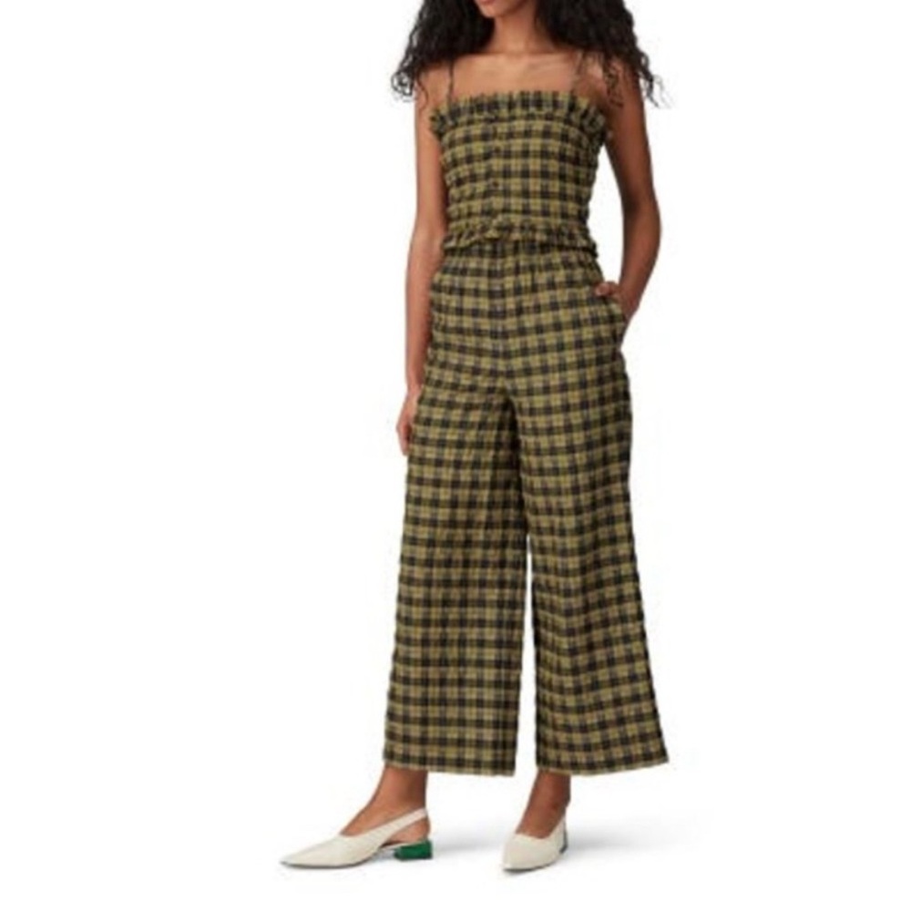 Ganni Green and Black Plaid Strapless Jumpsuit